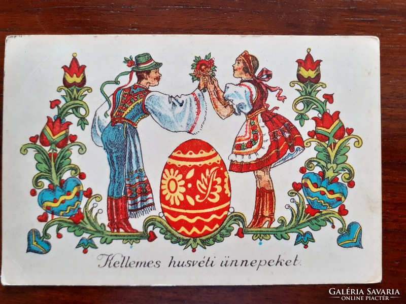 Régi húsvéti képeslap 1948 népi motívumos rajzos levelezőlap