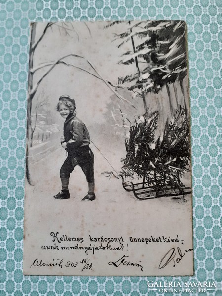 Old Christmas photo postcard 1903 little boy sled postcard