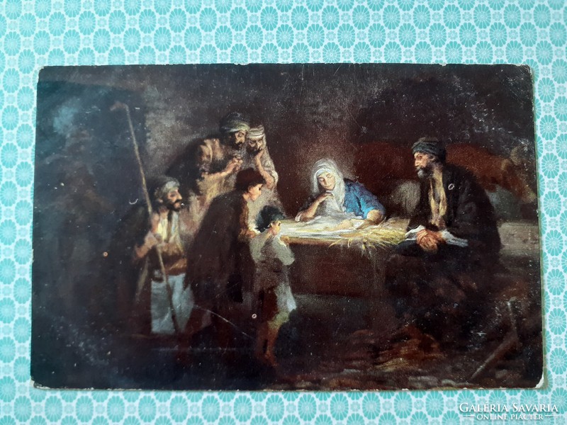 Old religious postcard little Jesus in the manger artistic postcard