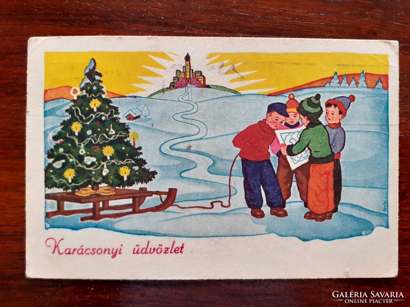 Régi karácsonyi képeslap rajzos levelezőlap kisfiúk szánkóval karácsonyfával