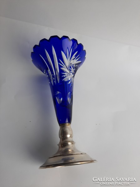 Old silver footed blue crystal vase - 800 silver