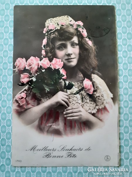 Old photo postcard little girl with flowers French vintage postcard
