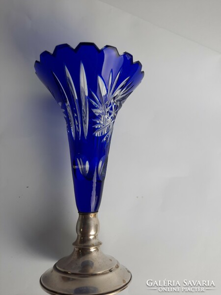 Old silver footed blue crystal vase - 800 silver