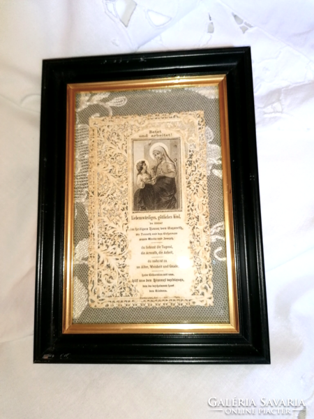 Antique lace holy picture in glazed wooden frame