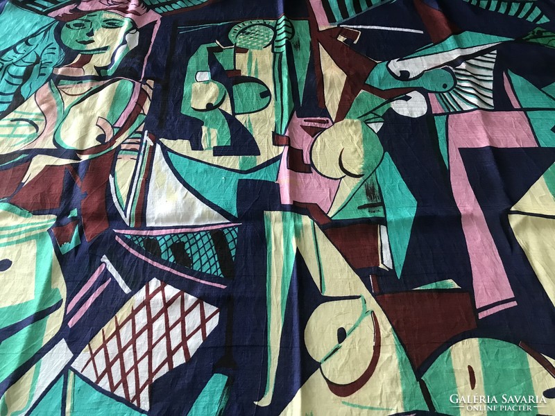 Silk scarf painting with print, 105 x 100 cm