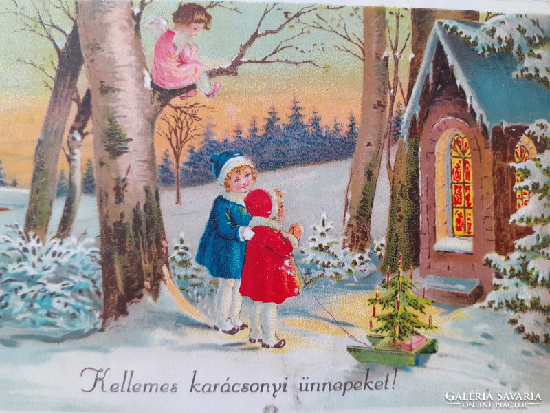 Old Christmas postcard 1939 postcard with children's angel drawings