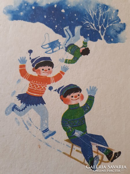 Régi újévi képeslap 1968 rajzos levelezőlap szánkózó gyerekek