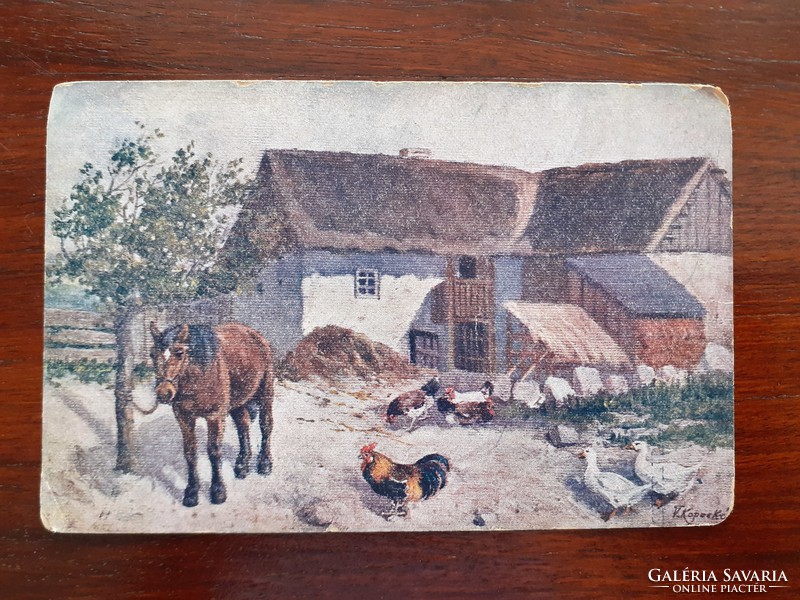 Régi képeslap vidéki élet tájképes művészi levelezőlap ló baromfi