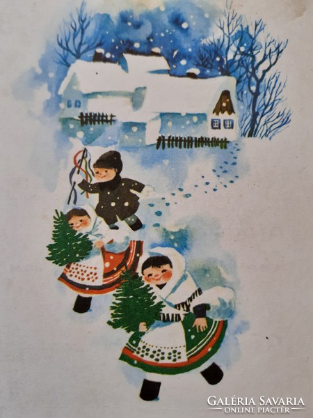 Old Christmas postcard with cartoon children in national costume postcard