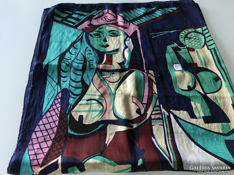 Silk scarf painting with print, 105 x 100 cm