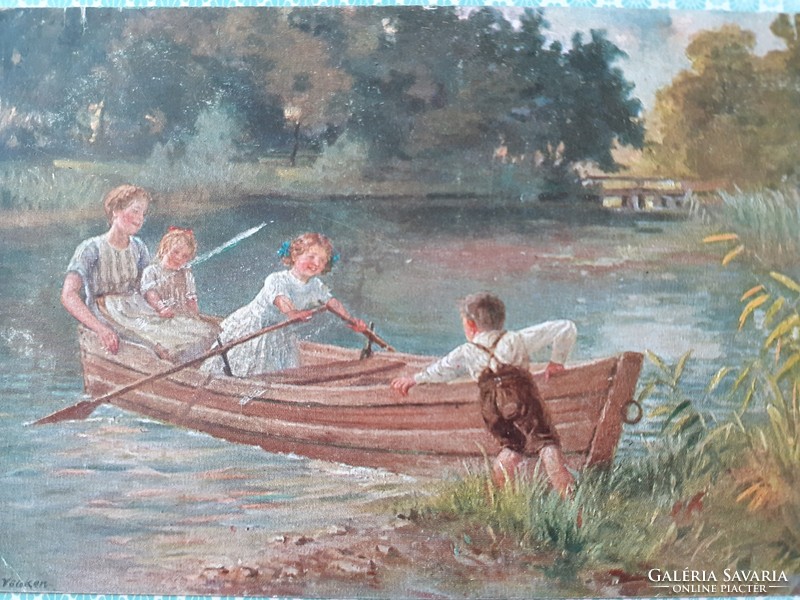 Régi képeslap 1918 tájkép művészi levelezőlap csónak hölgy gyerekek