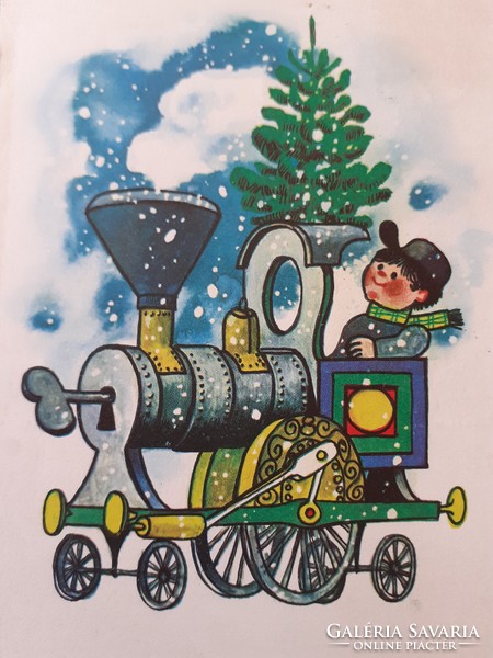 Old Christmas postcard 1969 train retro postcard with drawings