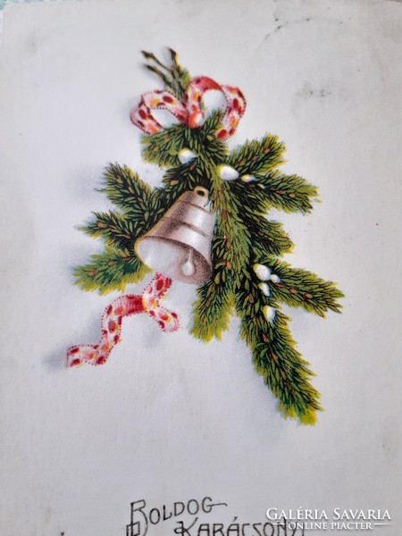 Old Christmas postcard 1929 pine branch bell postcard