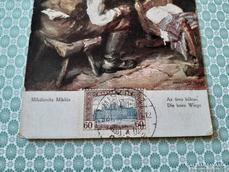 Régi képeslap 1921 Mihálovits Miklós: Az üres bölcső művészi levelezőlap
