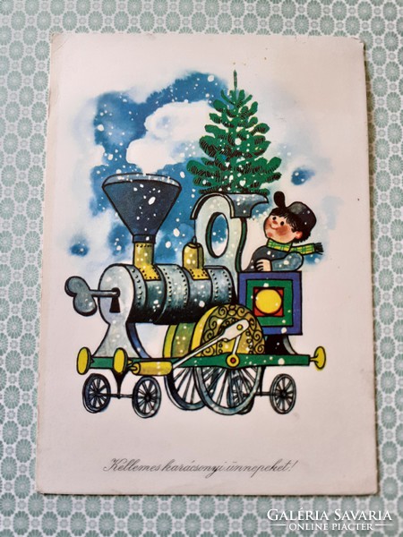 Régi karácsonyi képeslap 1969 rajzos vonatos retro levelezőlap