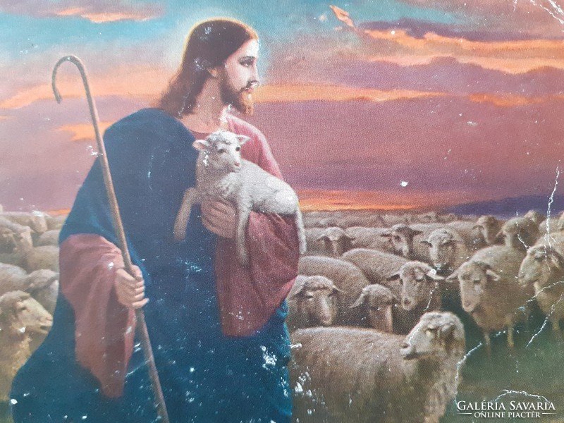 Régi vallási képeslap Jézus bárányokkal levelezőlap