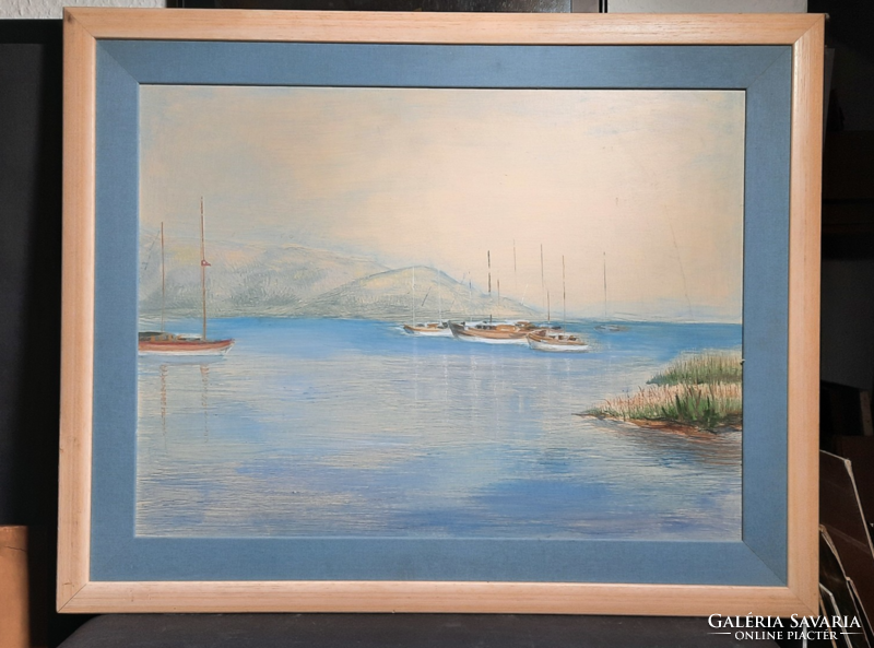 BALATONI HAJÓK (58,5x43,5 cm + keret) kikötő, tavi tájkép, panoráma látvány