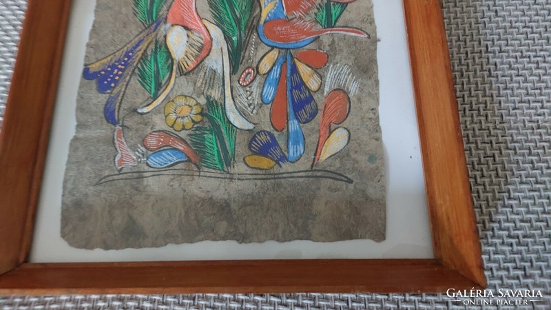 Mexican flowers + bird painting 27x36 cm with frame on special paper