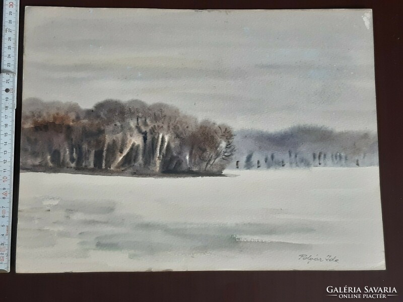 Ida Polgár (1919-2013): winter on the Tisza, landscape, watercolor