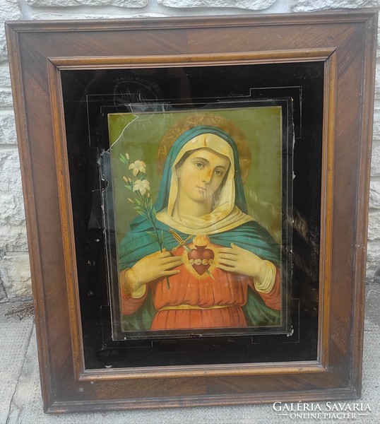 Antique glass holy picture homemade wide wooden frame, picture frame at least 100 years old. Blessed Virgin Mary!..