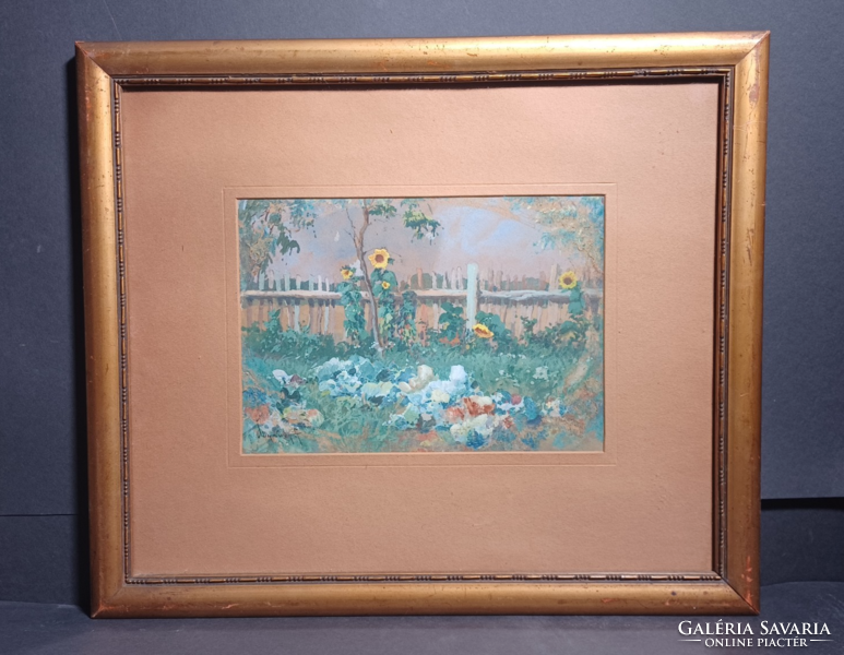 László Neogrády: sunflower garden - oil painting, under glass (34x40 cm)