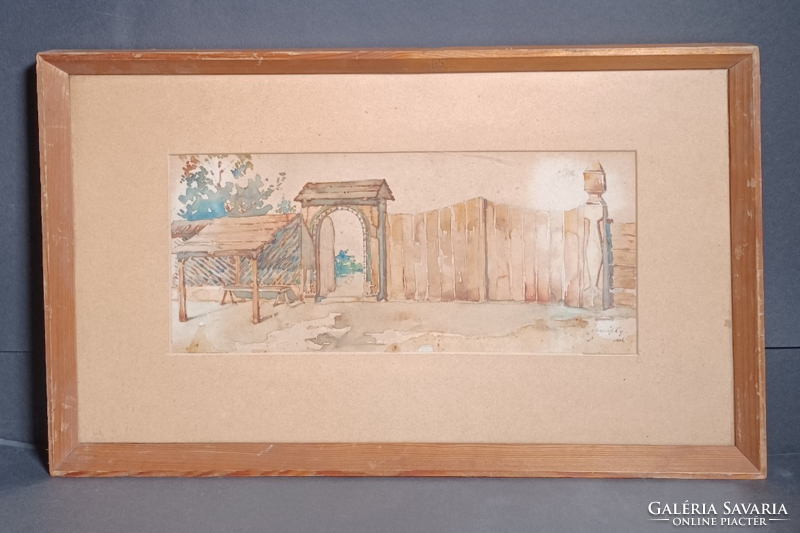 Székelykapu watercolor from 1904 (39x24) with frame