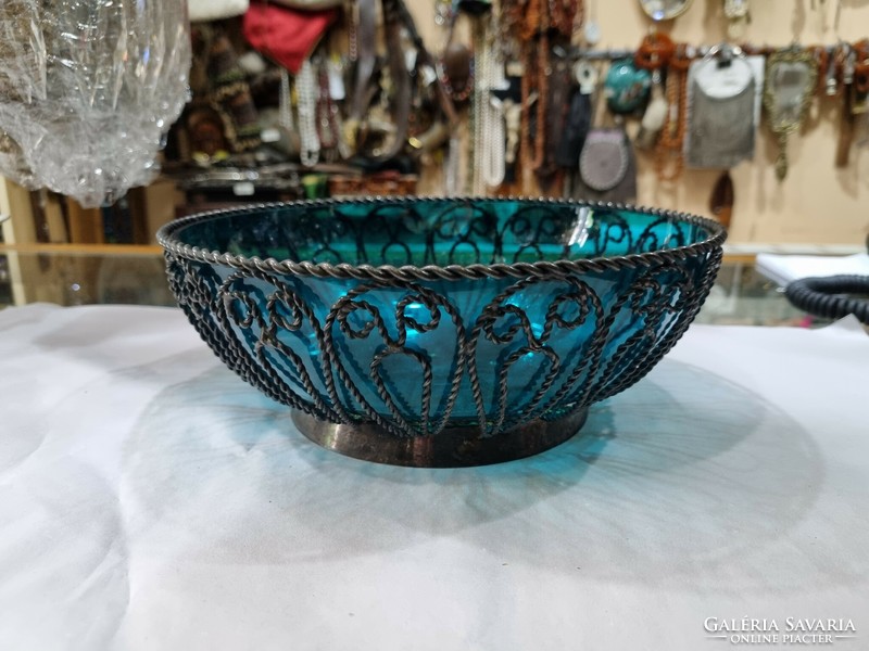 Silver-plated bowl with old glass insert