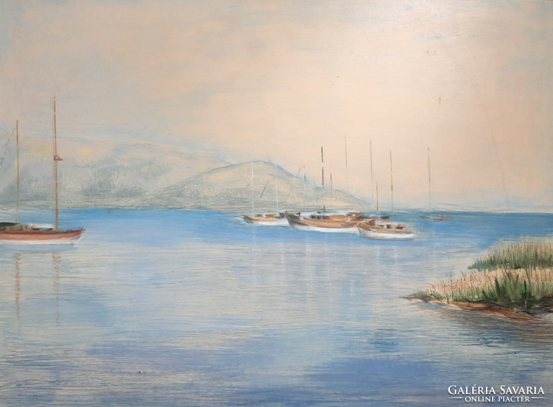 Balaton boats (oil-wood 58.5x43.5 cm + frame) harbor, lake landscape, panoramic view