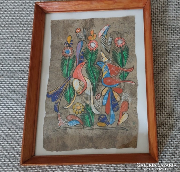 Mexikói Virágok + madárka festmény 27x36 cm kerettel különleges papíron