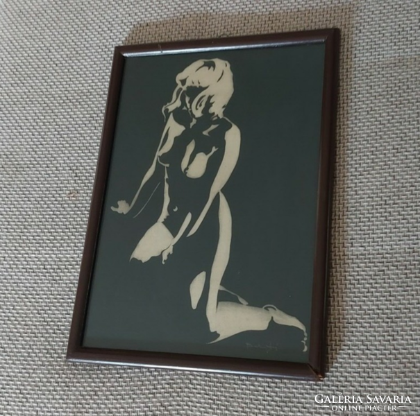 (K) signed enigmatic nude painting with 30x40 cm frame