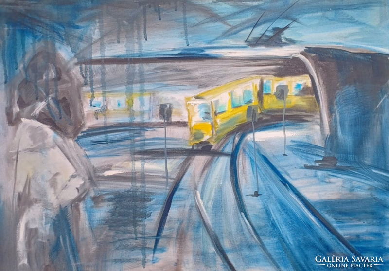 The tram is coming! - Contemporary modern oil painting, shades of blue