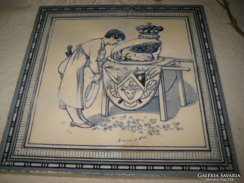 Baron of steak, or honoring the beef steak, painted on porcelain tiles in an English pattern