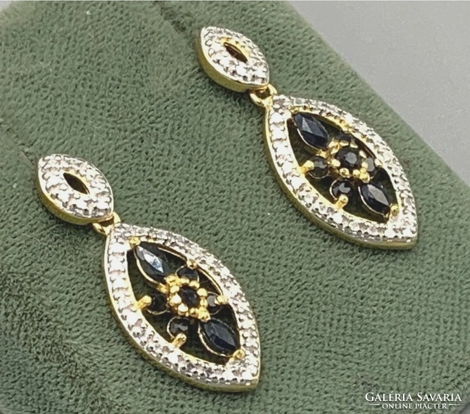 Wonderful sapphire - diamond gemstone silver set, 14k gold-plated--new
