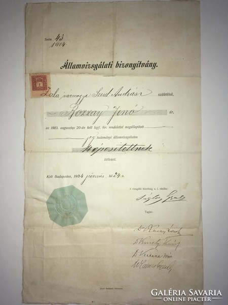 Jenő Bozzayi was deemed qualified by the State Examination Commission! Budapest, June 1904