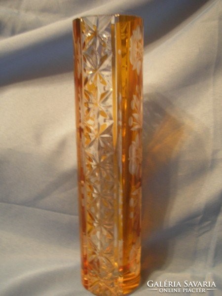 Antik Ólomkristály csiszolt méz borostyán színű váza hibátlan 19.5 cm