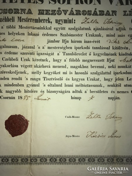 Szabó/Mesterlevél/Csorna /1855/ mezővárosban létező becsületes Szabó céhbeli mesteremberek