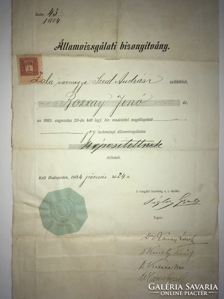 Jenő Bozzayi was deemed qualified by the State Examination Commission! Budapest, June 1904