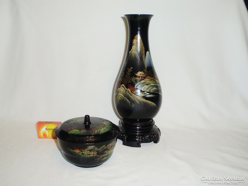Oriental lacquer vase and bonbonnier - together