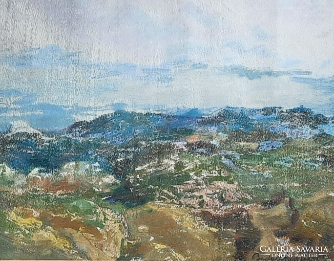 István Bede: hot summer, 1957 (oil painting in frame 40x44 cm) mountains, nature