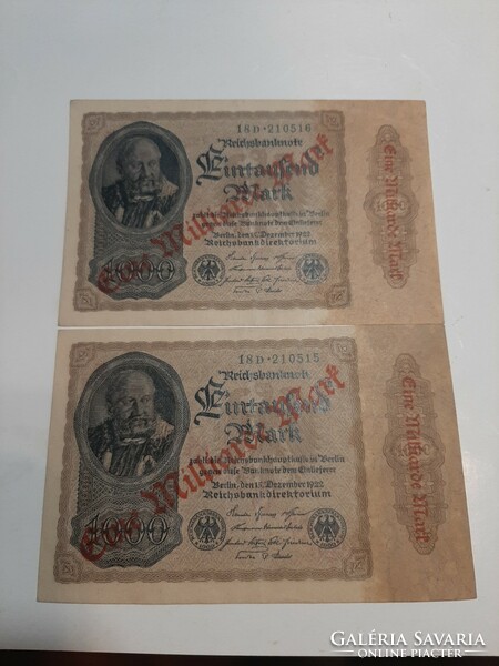 Rare! Serial number Germany 1000 marks overprinted 1,000,000,000 marks, blurred printing