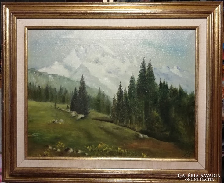 Whispering pine trees - 1950, labeled oil painting (58 x 48), in a fabulous frame
