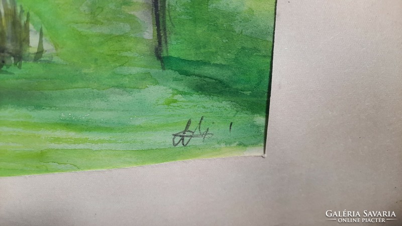Akvarell azonosítatlan jelzéssel (32x44 cm) Gyémánt László? tájkép, tavacska a hegyekben