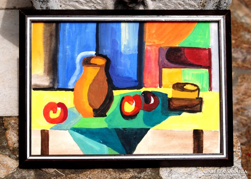 Hungarian artist: table still life with fruits - framed by a contemporary painting