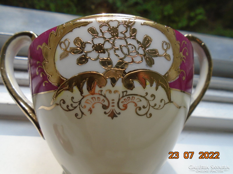 Embossed gold enamel flower pendant with patterns Japanese burgundy cream sugar bowl