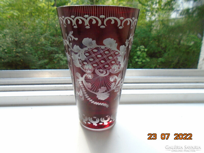Antique ruby stained polished, etched thick-walled glass vase with leaping deer pattern