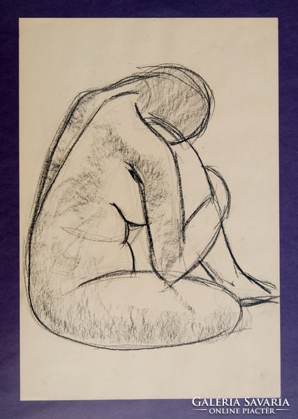 Hungarian artist: seated nude - unique graphic, framed
