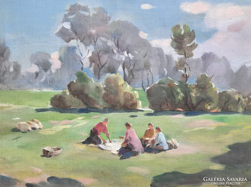 István Gebhardt: picnic (oil painting in frame, 33x43 cm) park, free time, lifestyle