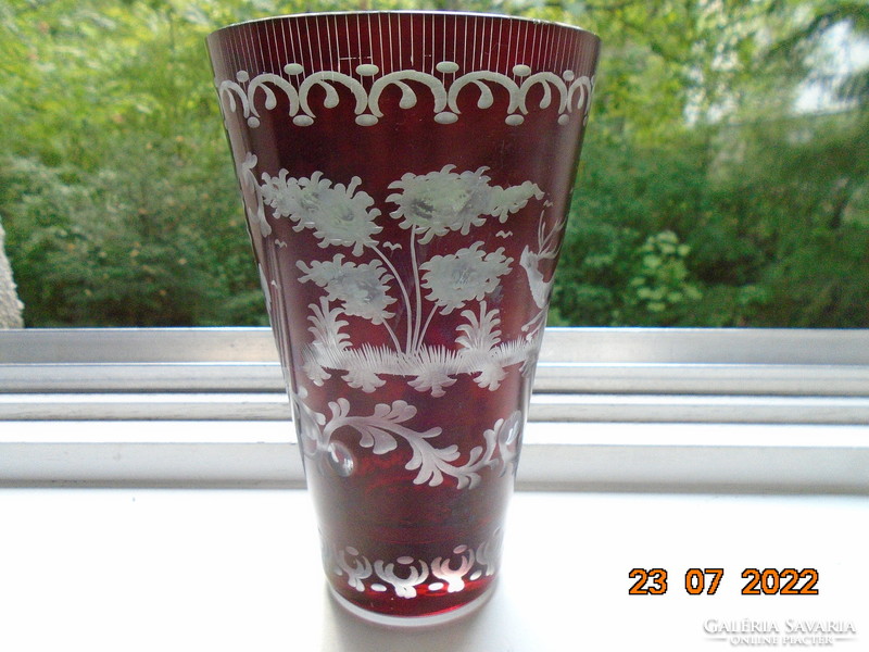 Antique ruby stained polished, etched thick-walled glass vase with leaping deer pattern