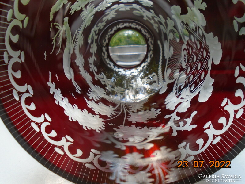 Antique ruby stained polished, etched thick-walled glass vase with leaping deer pattern