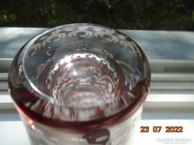 Antique ruby stained polished, etched thick-walled glass vase with leaping deer pattern